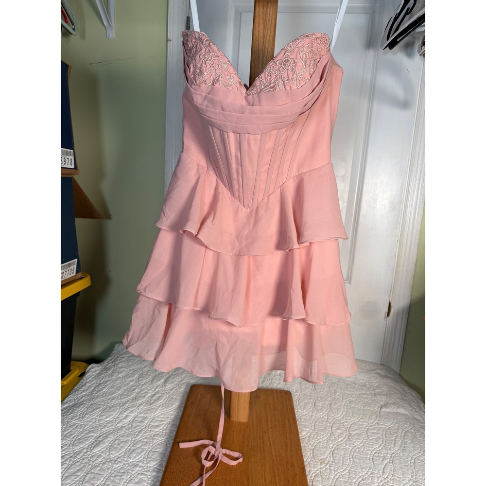 Pink Corset Tiered Ruffle Mini Dress Lace Embroidered Sweetheart Size 4